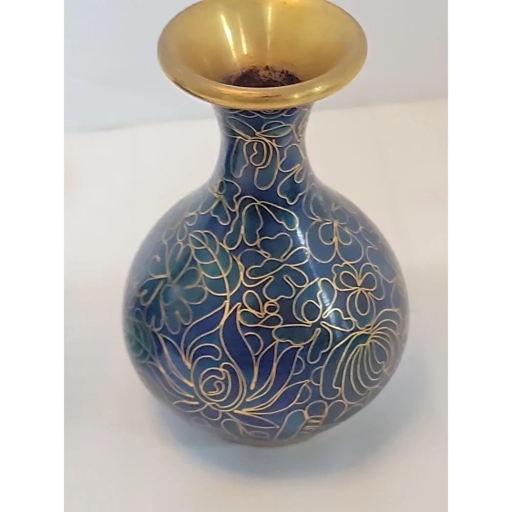 Pair Vintage Chinese Cloisonne Brass Vases Multi ‎ Color Blue And Gold Swirl